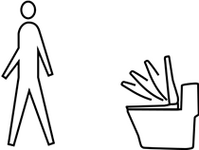 Die Silhouette einer Person läuft von einem Washlet weg, dessen Deckel sich automatisch schließt. 