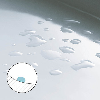 Here is an illustration of a hydrophobic ceramic. The water droplets remain on the surface in their droplet form and do not spread out. In the bottom left-hand corner is a schematic representation of the hydrophobic property of the ceramic. The drop of water forms a drop shape on the surface. 