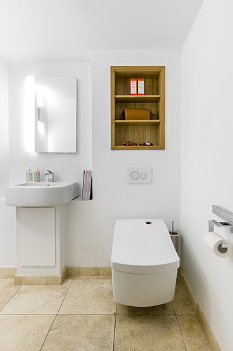 WASHLET® with washbasin and wooden shelf