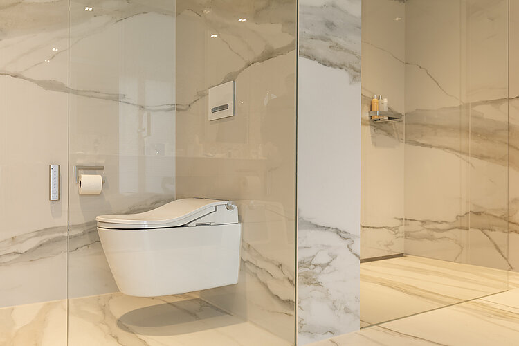 Das Bild zeigt ein luxuriöses Badezimmer mit großen, marmorähnlichen Fliesen an den Wänden und dem Boden. Im Zentrum des Bildes ist ein modernes, wandhängendes Washlet zu sehen, und rechts im Bild ist eine gläserne Duschabtrennung mit einem kleinen Regal für Badeutensilien.