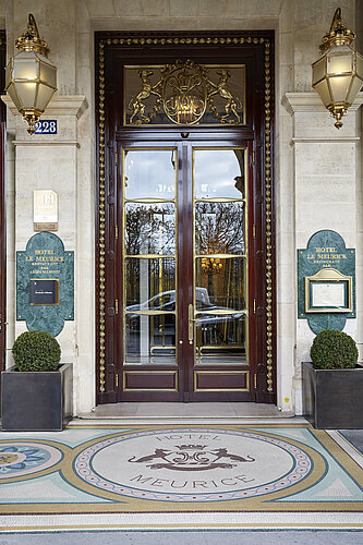 Outside view of entrance door to Hotel Meurice in Paris