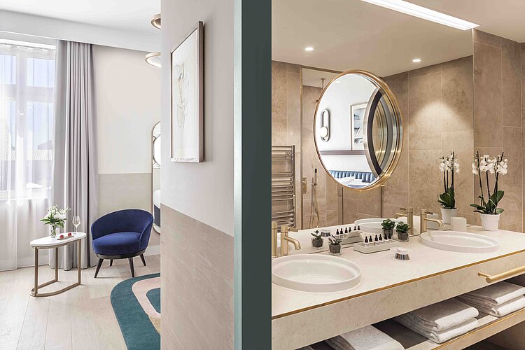 L'image est un collage de deux pièces : sur la gauche, une partie d'une chambre à coucher avec un siège bleu et une table d'appoint ronde près d'une fenêtre, tandis que sur la droite, une salle de bain moderne avec deux lavabos, un grand miroir rond et une étagère éclairée. Les pièces sont décorées dans un style élégant et contemporain, avec des couleurs neutres et des accents de bleu et d'or.