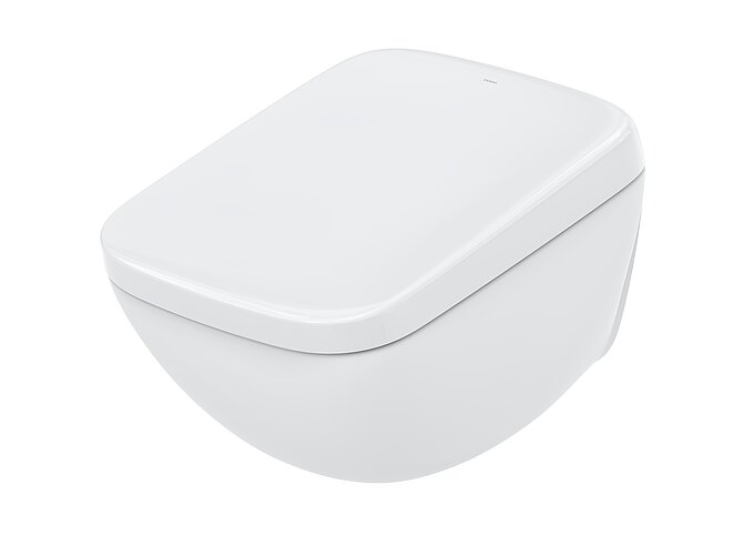 Das Bild zeigt eine moderne, geschlossene, wandhängende Toilette in Weiß auf einem isolierten Hintergrund.