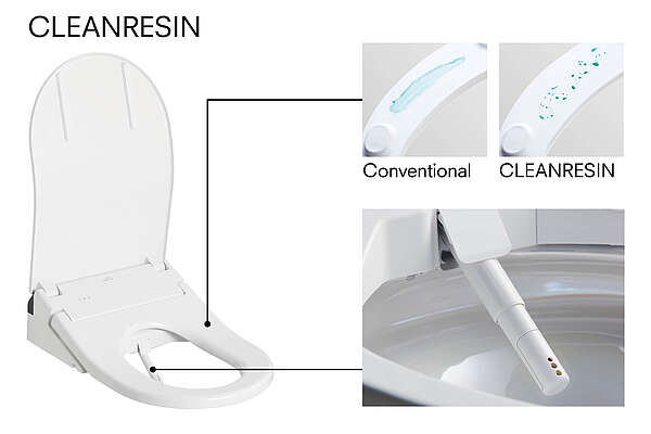 L'immagine mostra un grafico che sottolinea le proprietà di "CLEANRESIN" rispetto ai materiali convenzionali per sedili di toilette. Ci sono tre immagini parziali: La prima mostra una tavoletta del water con la scritta "CLEANRESIN", la seconda mette a confronto due ugelli, uno etichettato come "convenzionale" e l'altro come "CLEANRESIN", e la terza mostra le gocce d'acqua che rotolano dall'ugello CLEANRESIN.