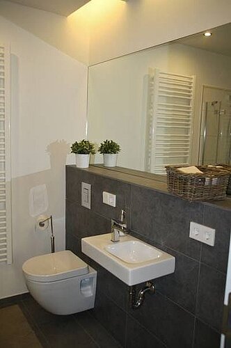 Wall-hung toilet with sink in front of a gray wall