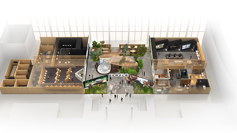 The image shows a bird's eye view of a TOTO exhibition stand designed for ISH, a leading sanitary, heating and air conditioning trade fair. The stand is divided into different areas for product presentations, with a central, green atrium that appears easily accessible to visitors and prominently highlights the TOTO brand.
