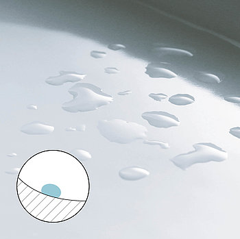 Ecco un'illustrazione di una ceramica idrofoba. Le gocce d'acqua rimangono sulla superficie sotto forma di goccioline e non si disperdono. Nell'angolo in basso a sinistra è riportata una rappresentazione schematica della proprietà idrofobica della ceramica. La goccia d'acqua forma una goccia sulla superficie. 