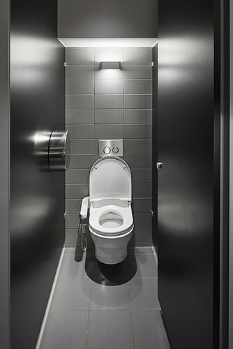 Wall-hung toilet of the CF series in front of an anthracite-colored wall