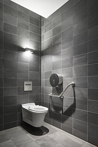 Public bathroom stall with WASHLET™ at Louvre Museum in Paris