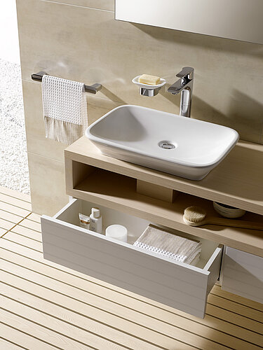 Open vanity washbasin with single arm fittings