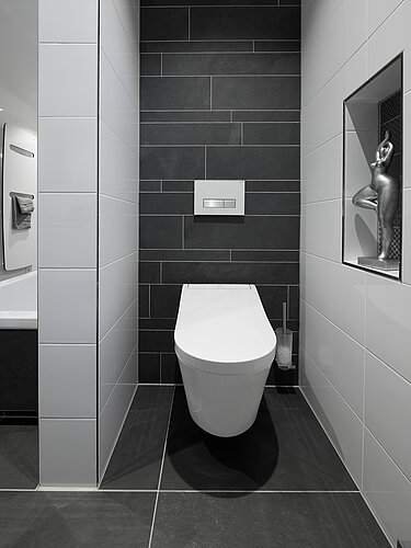 The picture shows a modern bathroom with an elegant TOTO Washlet. The washlet has a comfortable heated seat and a bidet function. The washlet's surroundings are clean and minimalist in design, conveying a feeling of luxury and hygiene.