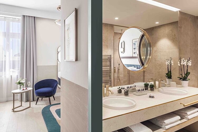 The picture is a collage of two rooms: on the left is part of a bedroom with a blue seating area and a round side table next to a window, while on the right is a modern bathroom with two washbasins, a large round mirror and an illuminated shelf. The rooms are kept in an elegant, contemporary style, with neutral colors and accents in blue and gold.