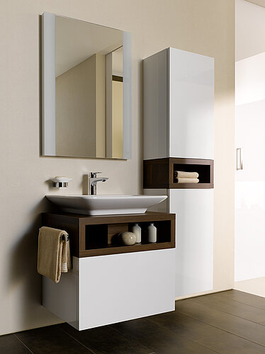 Bathroom equipment with countertop washbasin and bathroom furniture