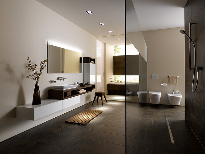 Spacious bathroom view with vanity, bidet and toilet