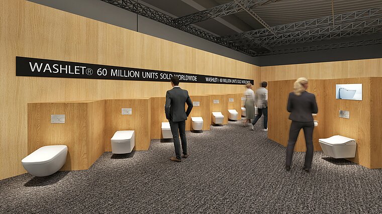 The image shows a row of TOTO toilets displayed on a wood-paneled wall with recessed niches, each niche containing a toilet and an information graphic. The words "WASHLET® 60 MILLION UNITS SOLD WORLDWIDE" are emblazoned above the exhibits, indicating the brand's global sales success as visitors view the stand.