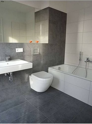 Wall-hung toilet with sink in front of a gray wall
