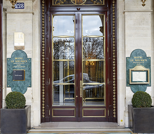 Outside view of entrance door to Hotel Meurice in Paris